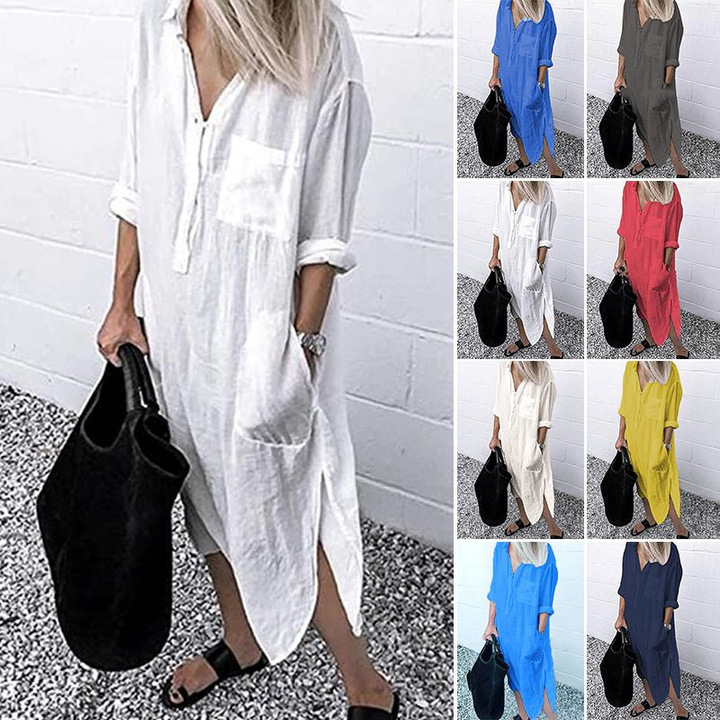 Sarah | Dames Elegante Effen Overhemdjurk met Snit | Vrouwen Jurk