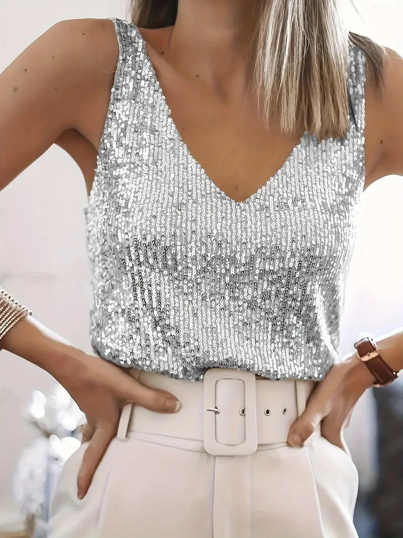 Maryse | Dames Glitter Pailletten V-Hals Top | Mouwloze Shirt Top voor Vrouwen