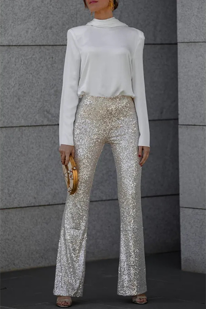 Noa | Sprankelende Flared Dames Broek | Feestelijke Pailletten En Glitter Broek