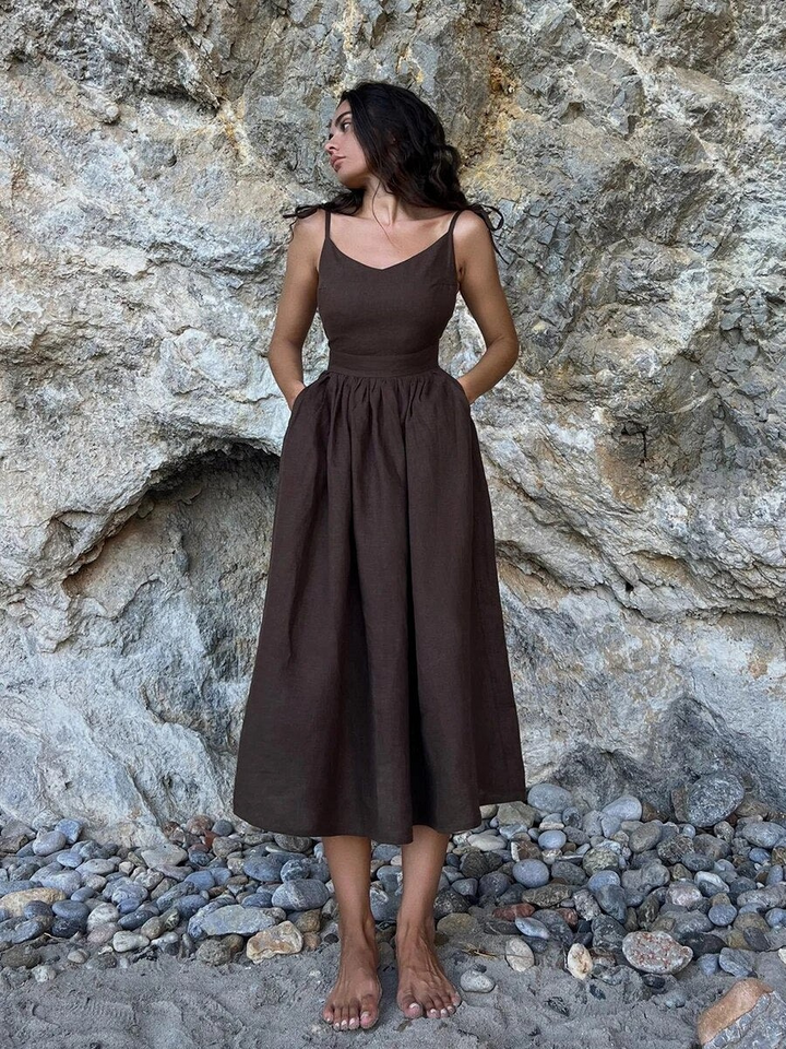 Zalera | Elegante Dames Midi-Jurk | Linnen Zomerjurk | Fit & Flare Pasvorm