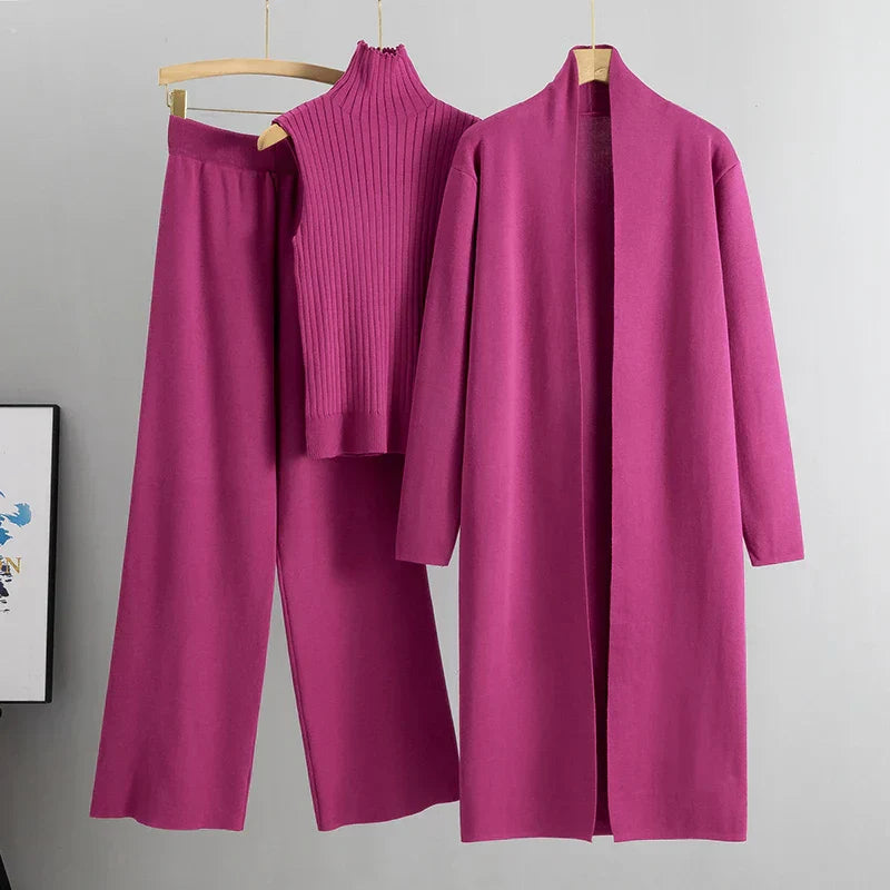 Rianna | Zachte Driedelige Dames Set | Flared Broek, Col Top en Lang Vest