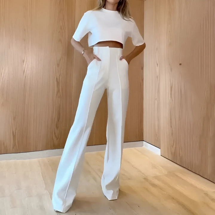 Fran | Tweedelige Dames Set | Broek met Wijde Pijpen & O-Hals Top met 3/4 Mouwen