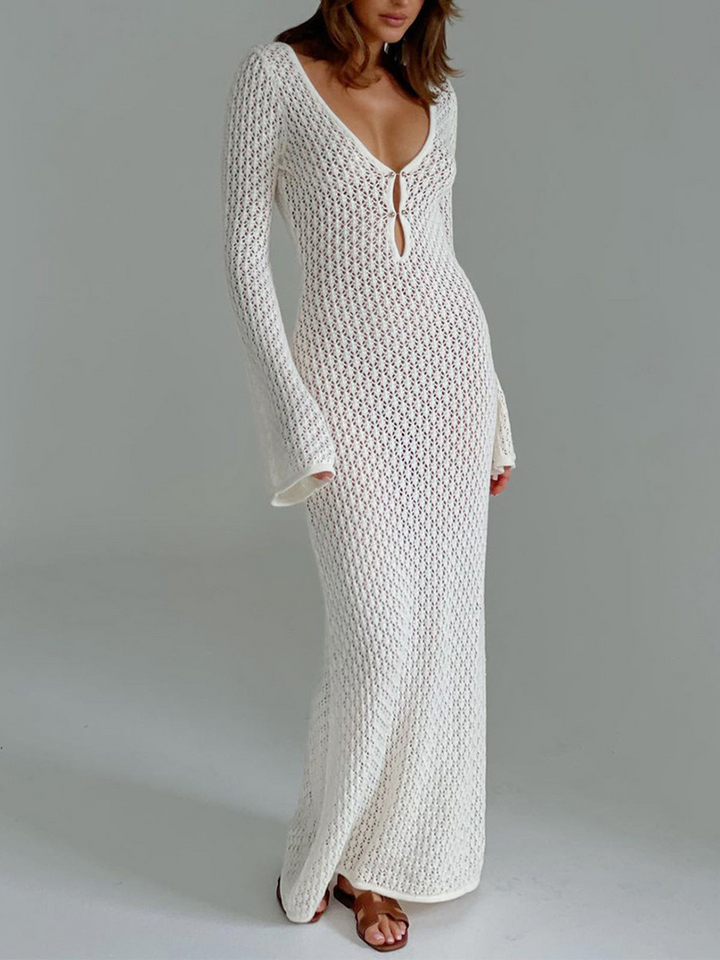 Donna | Elegante Lange Dames Jurk Met Open Rug En Lange Mouwen
