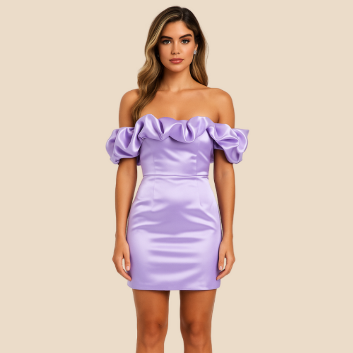 Yashna | Satijnen Cocktailjurk | Off-Shoulder Ruches | Voor Bruiloften, Feestjes Of Galanachten