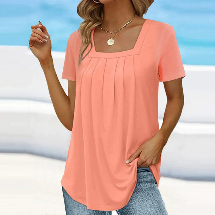 Fiona | Elegante Dames Jurk | Zomerblouse Met Vierkante Hals En Plooidetails