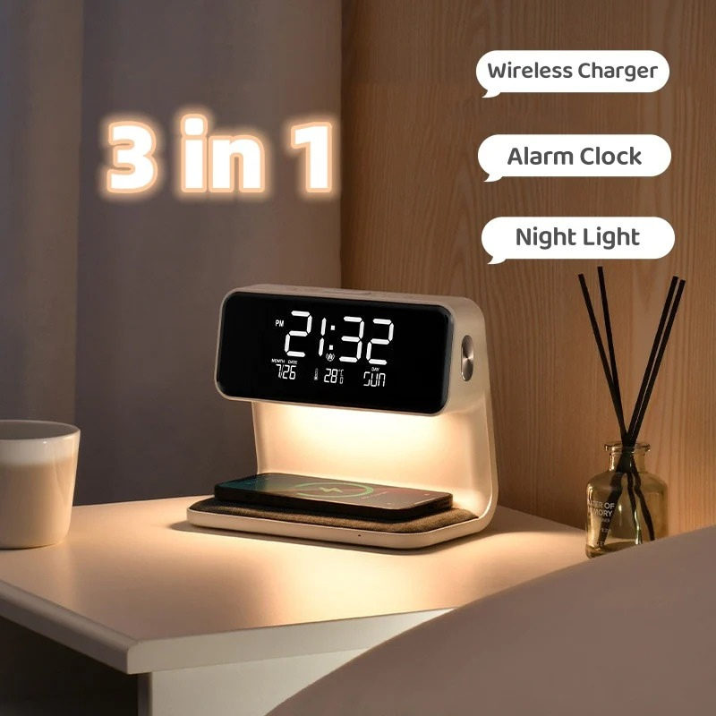Demora | 3-in-1 Bedlamp met Draadloze Oplader | LCD Alarmklok & Touch Dimbare LED Tafellamp
