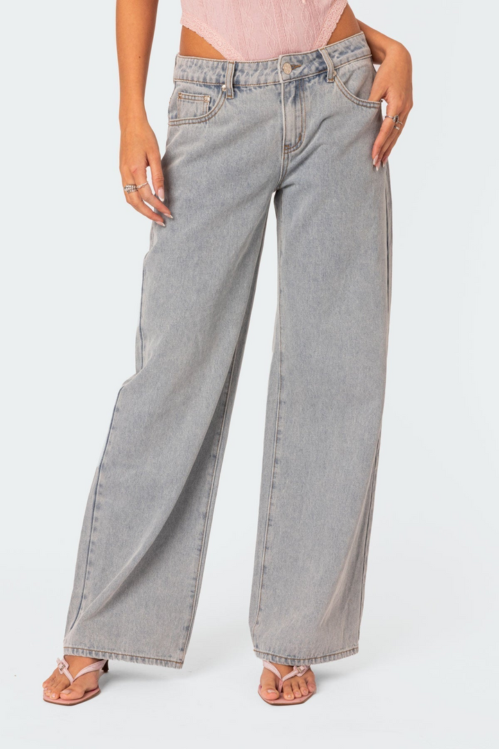 Hailey | Dames Denim Spijkerbroek Jeans met Wijde Pijpen en Roze Strikdetails