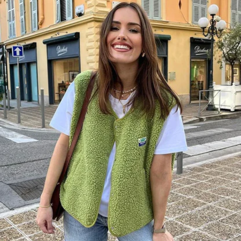 Kutiye | Fleece Dames Bodywarmer | Mouwloos Vest met Drukknoopsluiting