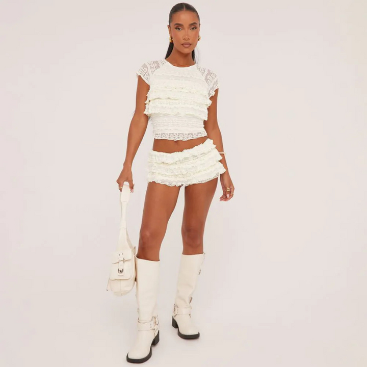 Yade | Dames Kanten Co-ord Set met Ruches | Elegante Vrouwen Set