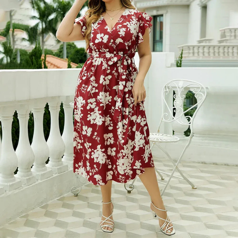 Dewi | Plus Size Boho Dames Midi-Jurk Met Bloemenprint