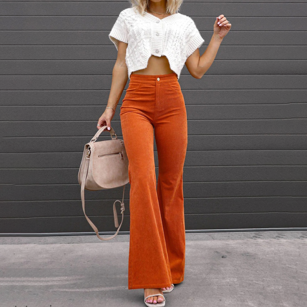 Liah | Trendy Dames Broek | Flared Ribbroek | Hoog Getailleerd En Comfortabel