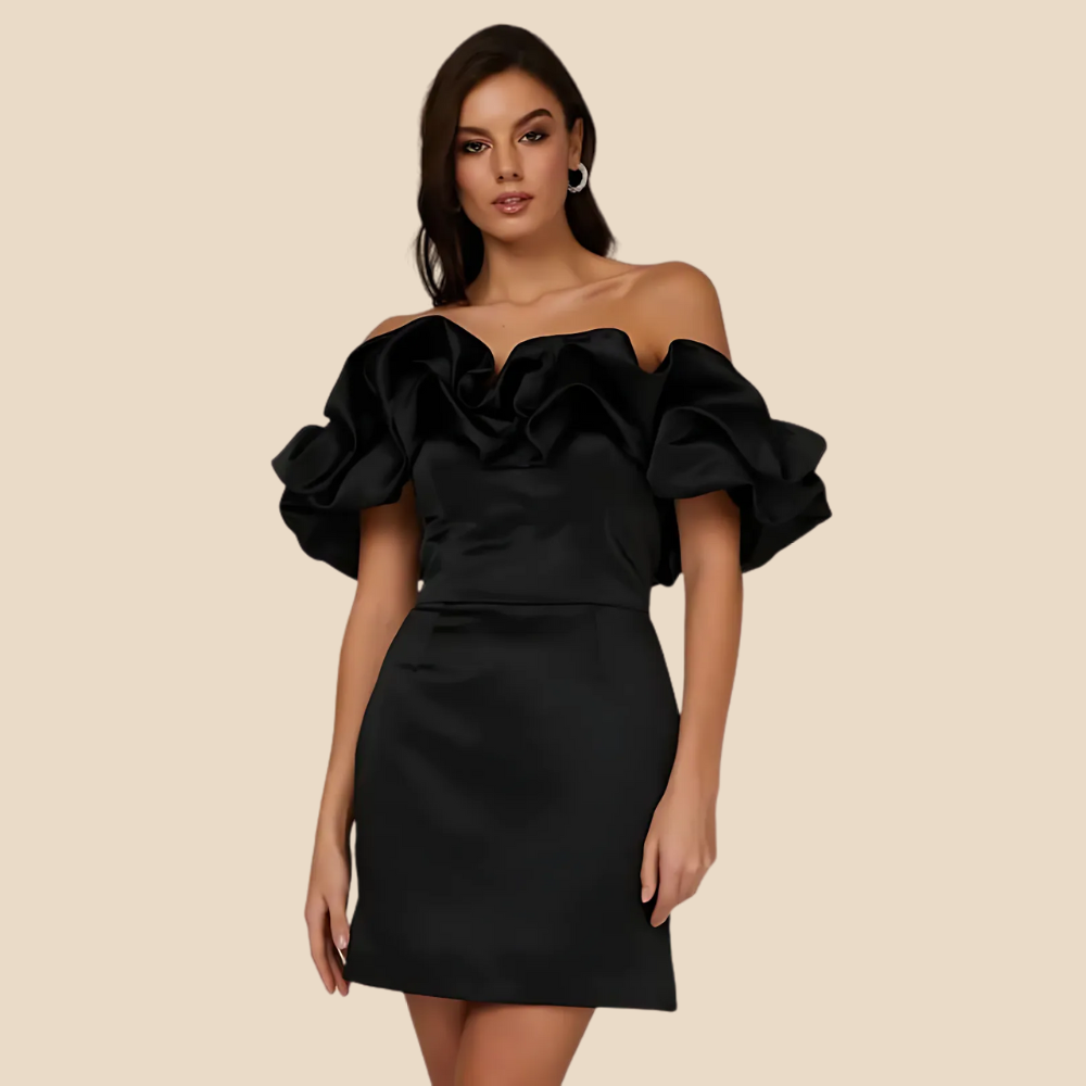 Yashna | Satijnen Cocktailjurk | Off-Shoulder Ruches | Voor Bruiloften, Feestjes Of Galanachten