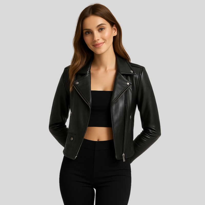 Ikky | Zwarte Leren Dames Jas | Getailleerde Pasvorm | Bikerstijl