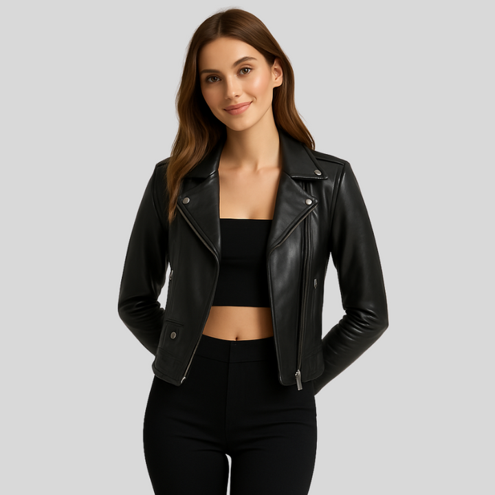 Ikky | Zwarte Leren Dames Jas | Getailleerde Pasvorm | Bikerstijl