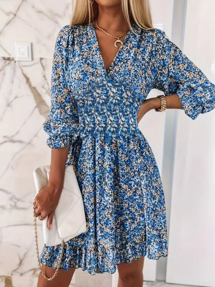 Elsa | Zomerse Dames Jurk | Bloemenprint | V-Hals | Luchtige Bubbelmouwen
