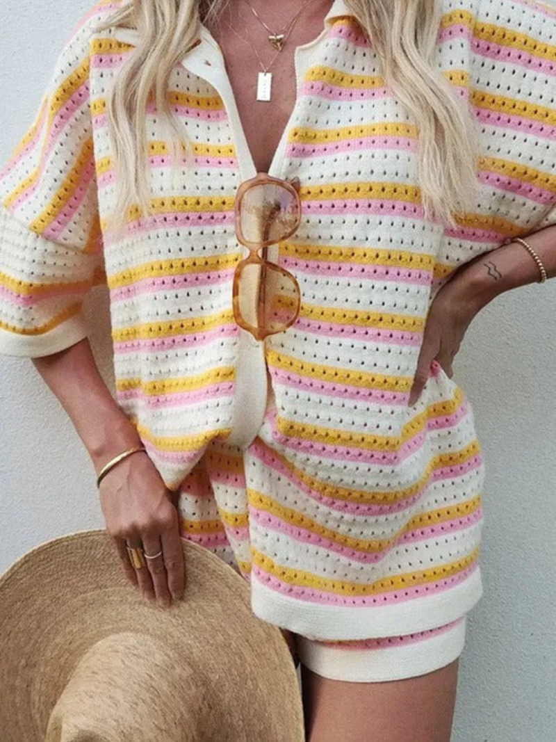 Assina | Zomerse En Stijlvolle Dame Set | Gestreepte Gebreide Top En Shorts
