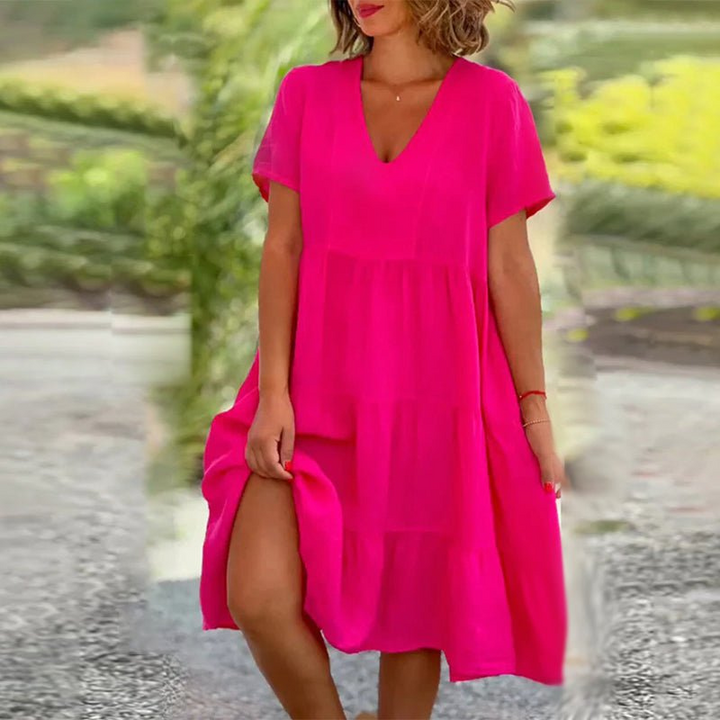 Linsey | | Dames Effen Linnen Jurk met V-hals | Zomer Jurk voor Vrouwen