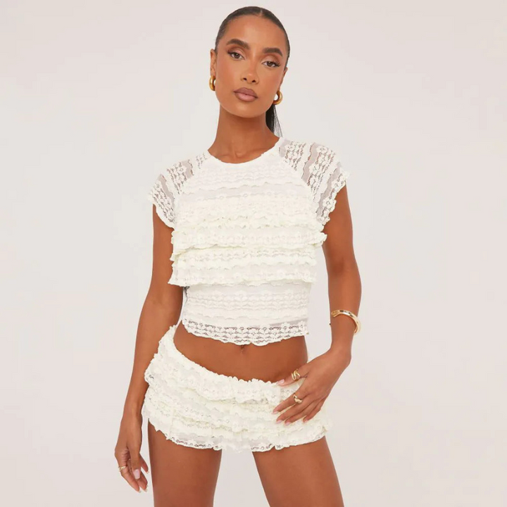 Yade | Dames Kanten Co-ord Set met Ruches | Elegante Vrouwen Set