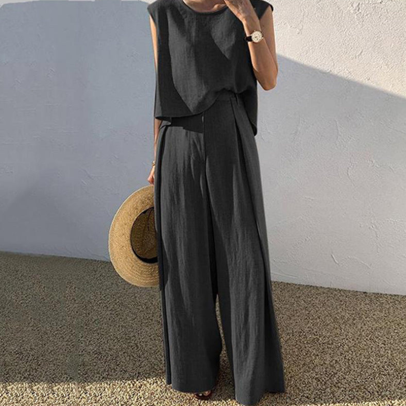 Ellum | Luchtige Linnen Zomerset Voor Dames | Mouwloze Blouse | Losse Broek