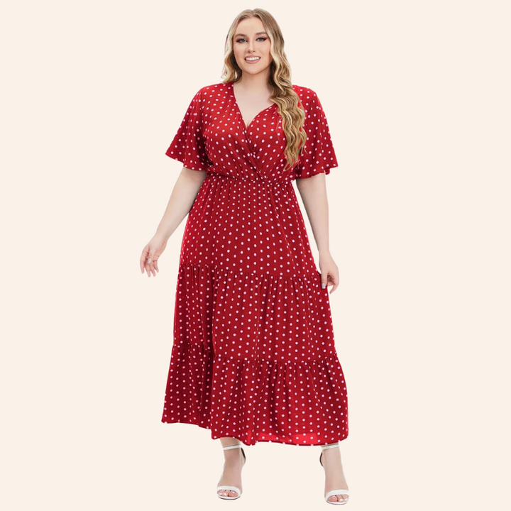Dewi | Plus Size Boho Dames Maxi Jurk Met Stippen En V-Hals