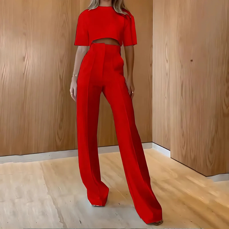 Fran | Tweedelige Dames Set | Broek met Wijde Pijpen & O-Hals Top met 3/4 Mouwen