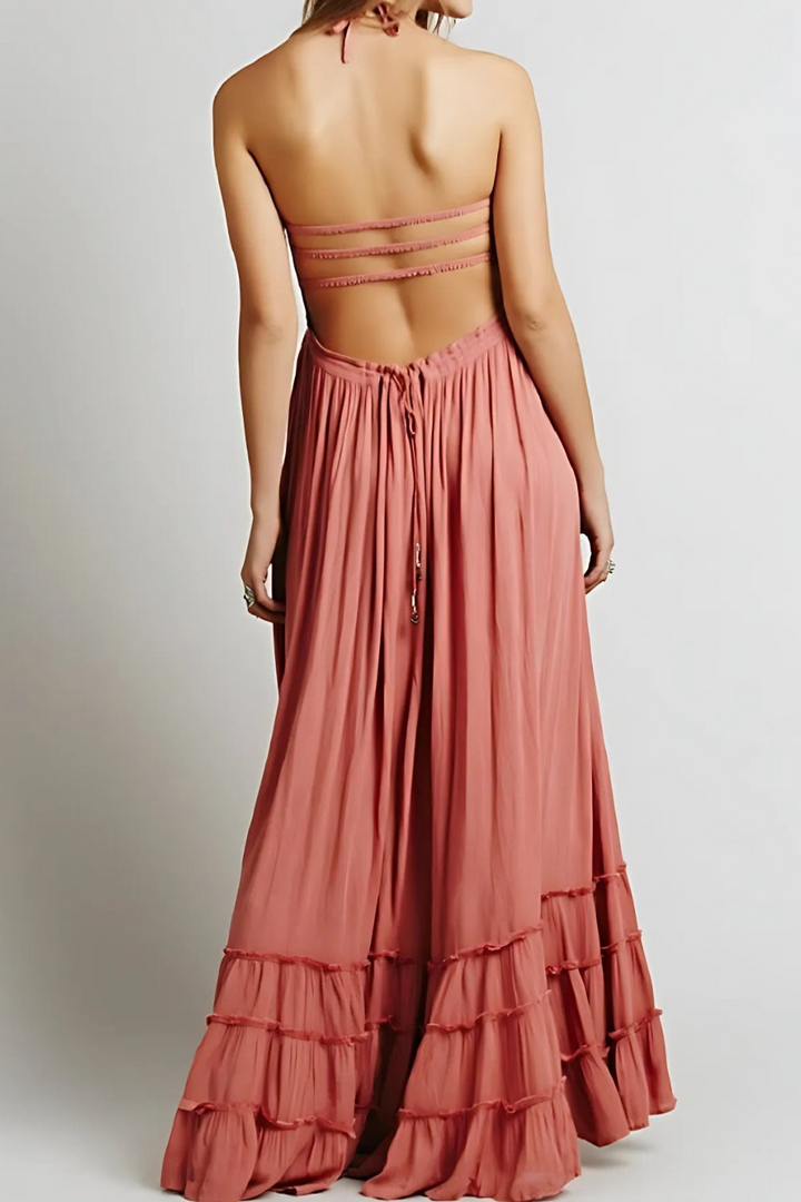 Pamela | Dames Zomerse Halter Maxi Jurk met Open Rug voor Vrouwen