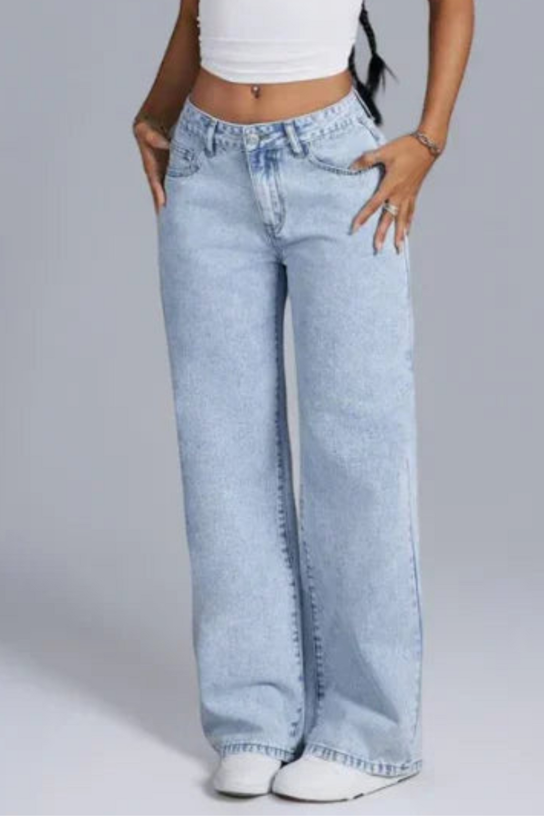 Hailey | Dames Denim Spijkerbroek Jeans met Wijde Pijpen en Roze Strikdetails