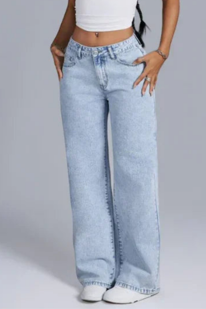 Hailey | Dames Denim Spijkerbroek Jeans met Wijde Pijpen en Roze Strikdetails