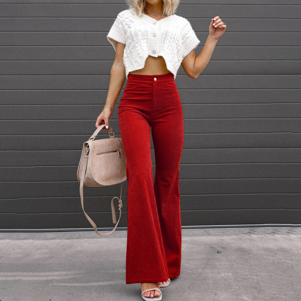 Liah | Trendy Dames Broek | Flared Ribbroek | Hoog Getailleerd En Comfortabel