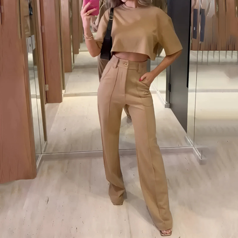 Fran | Tweedelige Dames Set | Broek met Wijde Pijpen & O-Hals Top met 3/4 Mouwen