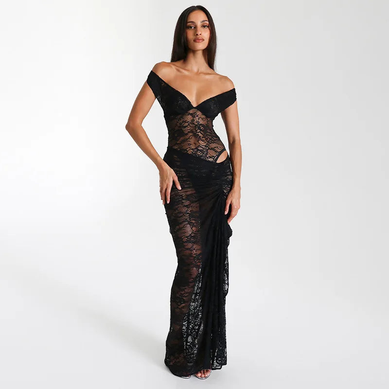 Sara | Dames Luxe Avondjurk van Fijn Kant met Off-Shoulder Halslijn