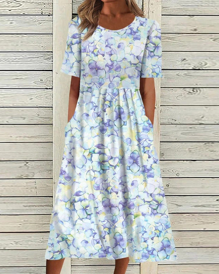 Lea | Zomerse Dames Midi Jurk | Bedrukte Jurk Met Korte Mouwen