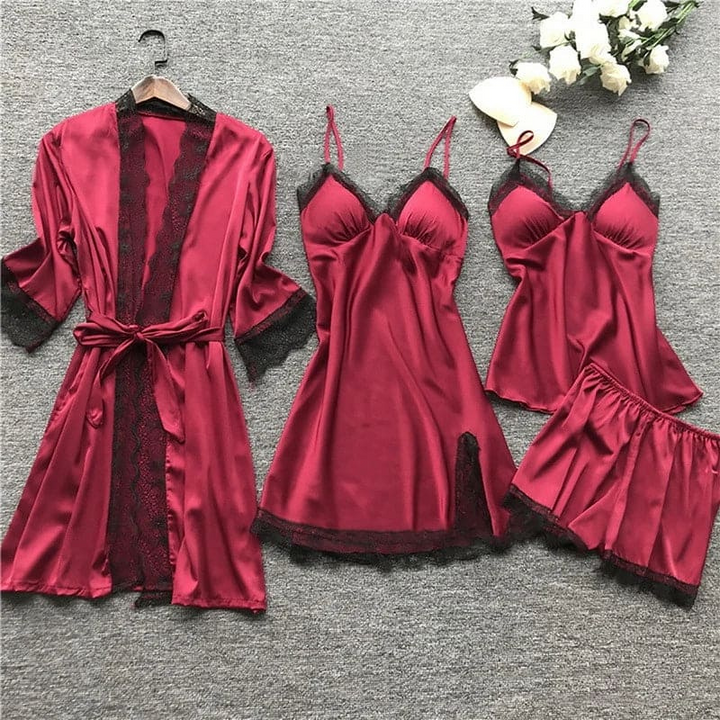 Simi | Satijnen Dames Pyjama Set | 4-Delige Set | Stijlvolle En Verfijnde Ontwerp