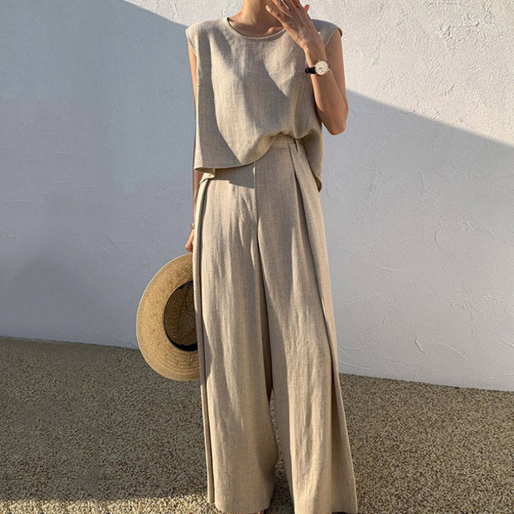 Ellum | Luchtige Linnen Zomerset Voor Dames | Mouwloze Blouse | Losse Broek