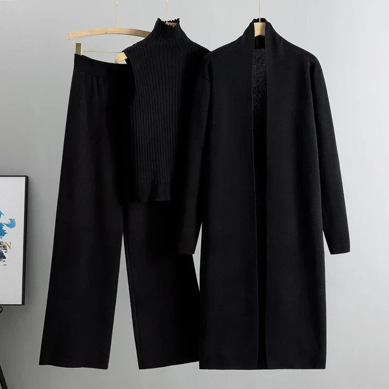 Rianna | Zachte Driedelige Dames Set | Flared Broek, Col Top en Lang Vest