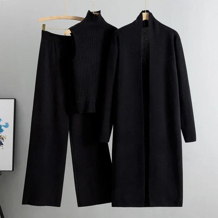 Rianna | Zachte Driedelige Dames Set | Flared Broek, Col Top en Lang Vest