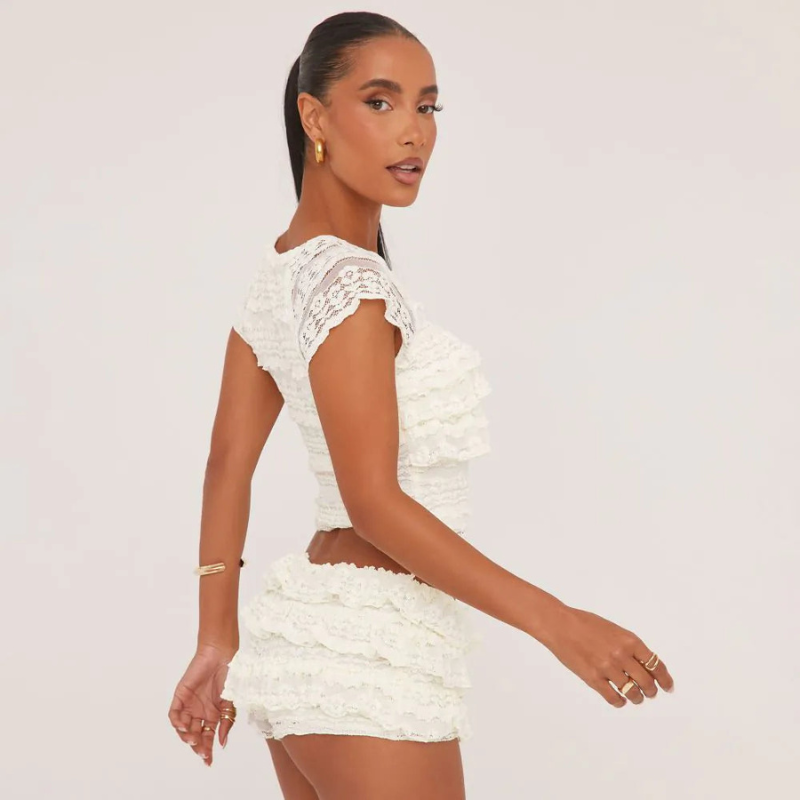 Yade | Dames Kanten Co-ord Set met Ruches | Elegante Vrouwen Set