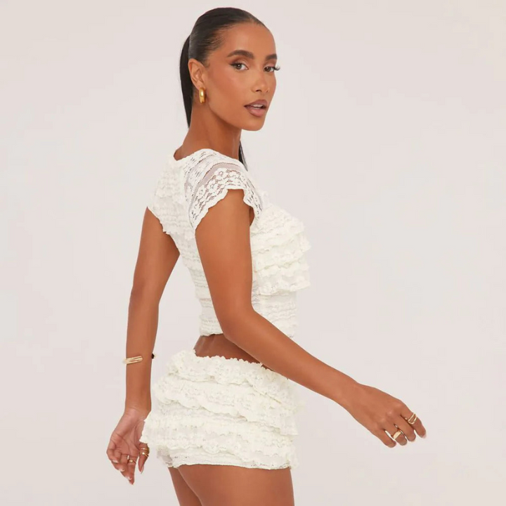Yade | Dames Kanten Co-ord Set met Ruches | Elegante Vrouwen Set