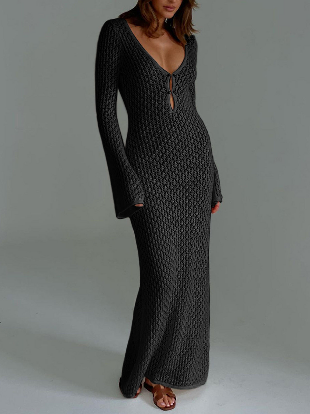 Donna | Elegante Lange Dames Jurk Met Open Rug En Lange Mouwen