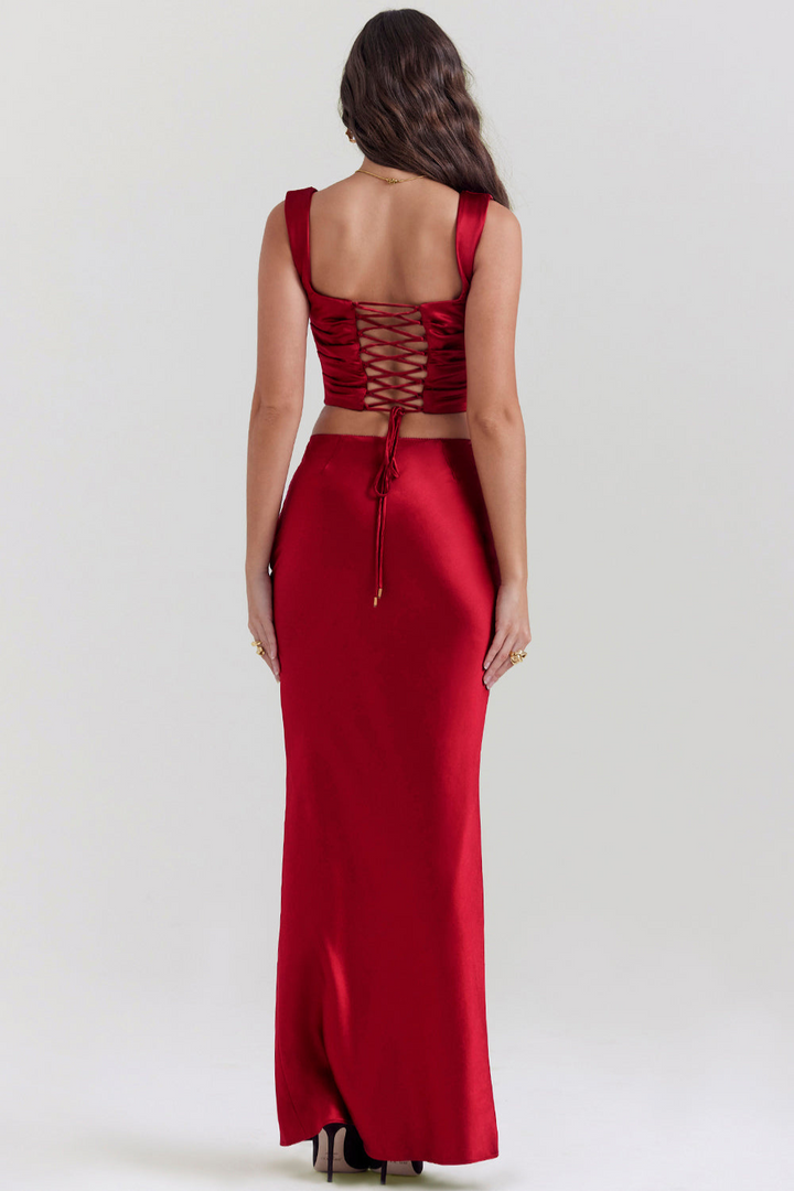 Natalia | Dames Robijnrood Korset en Maxirok | Vrouwen Set
