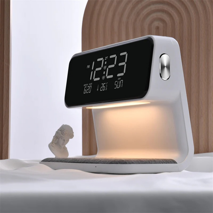 Demora | 3-in-1 Bedlamp met Draadloze Oplader | LCD Alarmklok & Touch Dimbare LED Tafellamp