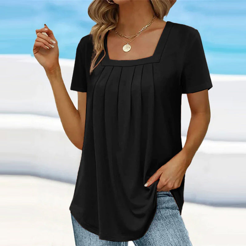 Fiona | Elegante Dames Jurk | Zomerblouse Met Vierkante Hals En Plooidetails