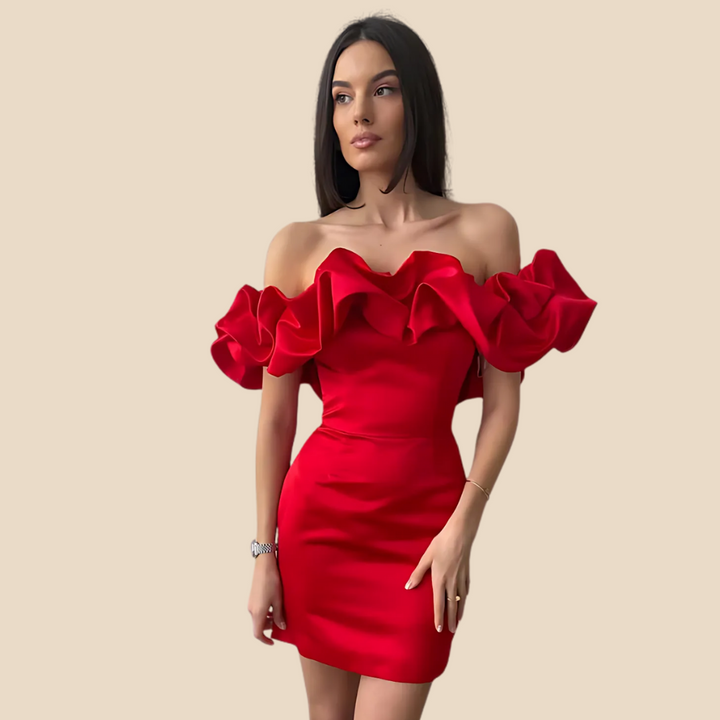 Yashna | Satijnen Cocktailjurk | Off-Shoulder Ruches | Voor Bruiloften, Feestjes Of Galanachten