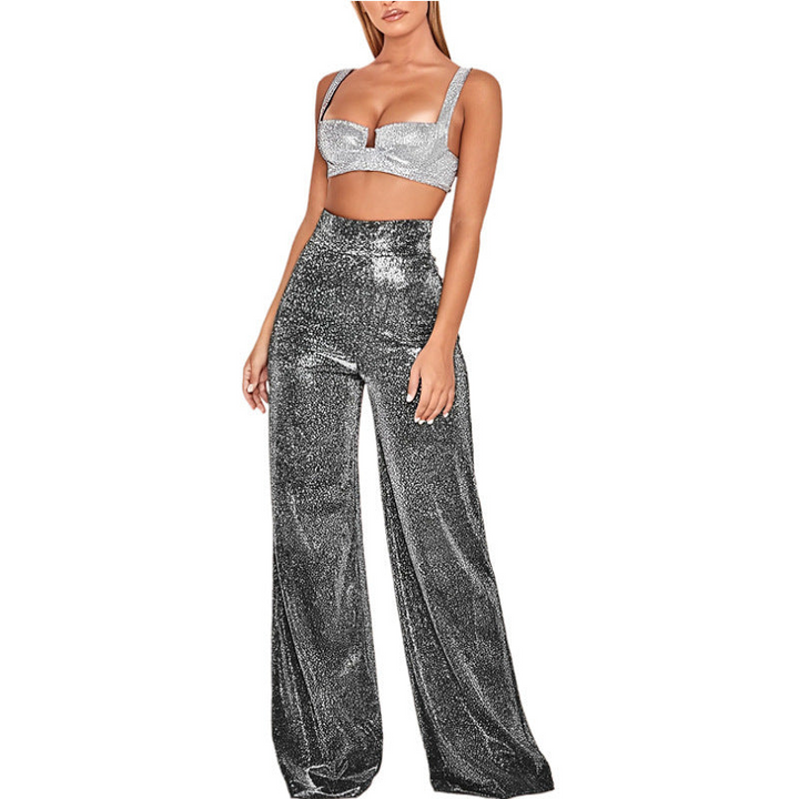 Desi | Elegante Dames Broek | Wijde Pijp Metallic Broek
