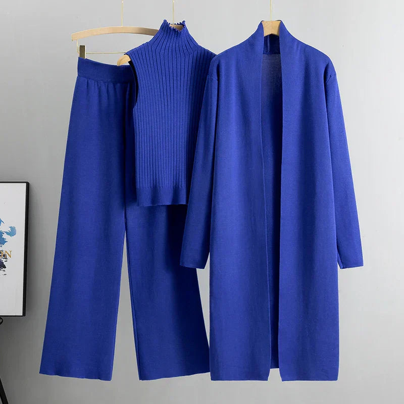 Rianna | Zachte Driedelige Dames Set | Flared Broek, Col Top en Lang Vest