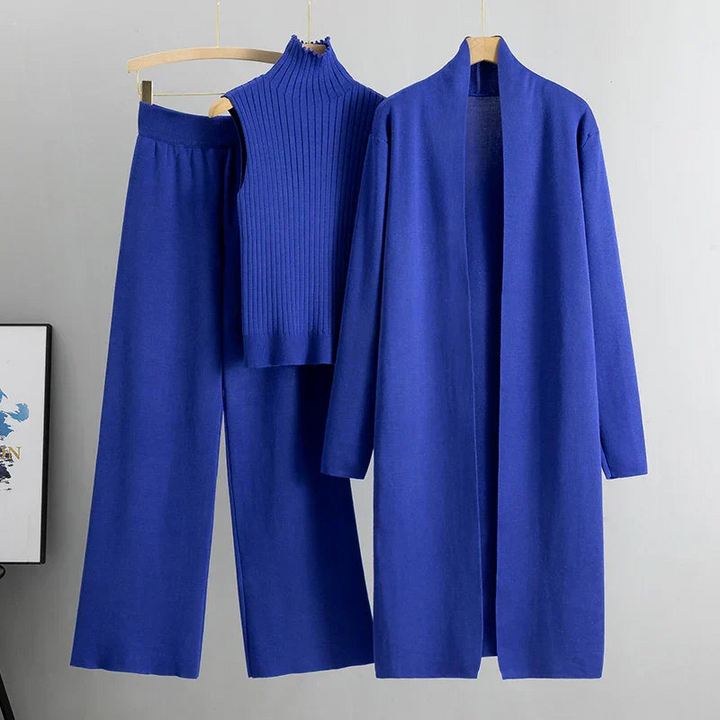 Rianna | Zachte Driedelige Dames Set | Flared Broek, Col Top en Lang Vest