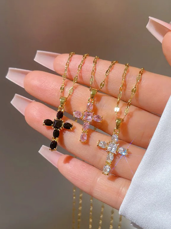 Zoella | Prachtige Zirkonia Kruisketting | In Goud Met Wit, Roze En Zwart
