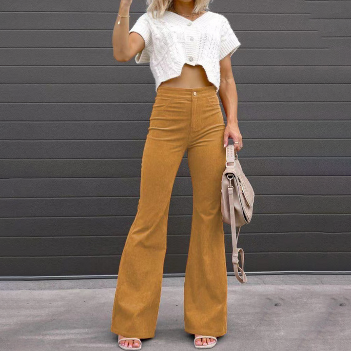 Liah | Trendy Dames Broek | Flared Ribbroek | Hoog Getailleerd En Comfortabel