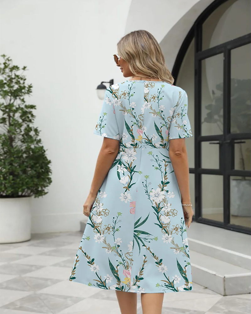 Lea | Zomerse Dames Midi Jurk | Bedrukte Jurk Met Korte Mouwen