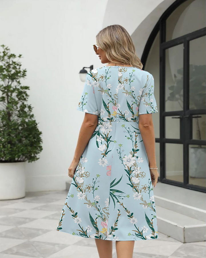 Lea | Zomerse Dames Midi Jurk | Bedrukte Jurk Met Korte Mouwen